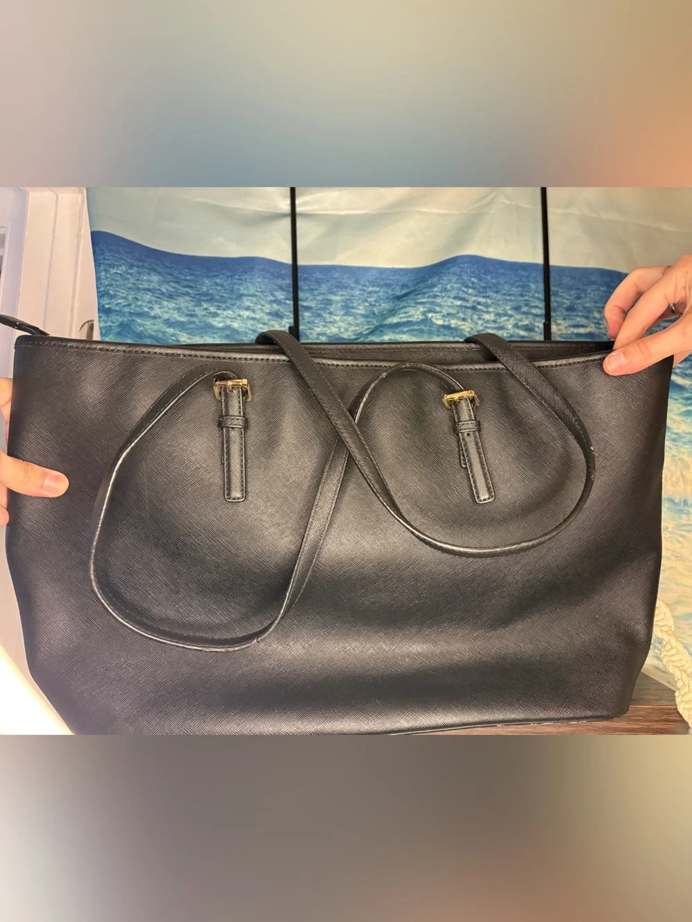 Michael Kors Black Leather Tote with Logo Charm and Gold Accents